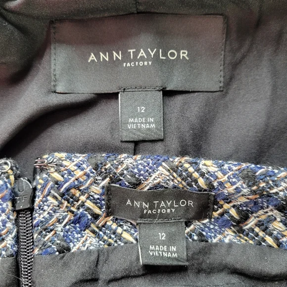 Ann Taylor Factory Tweed Skirt Suit 12 Black Tan Fringe Trim Pockets Open Front - Picture 9 of 11
